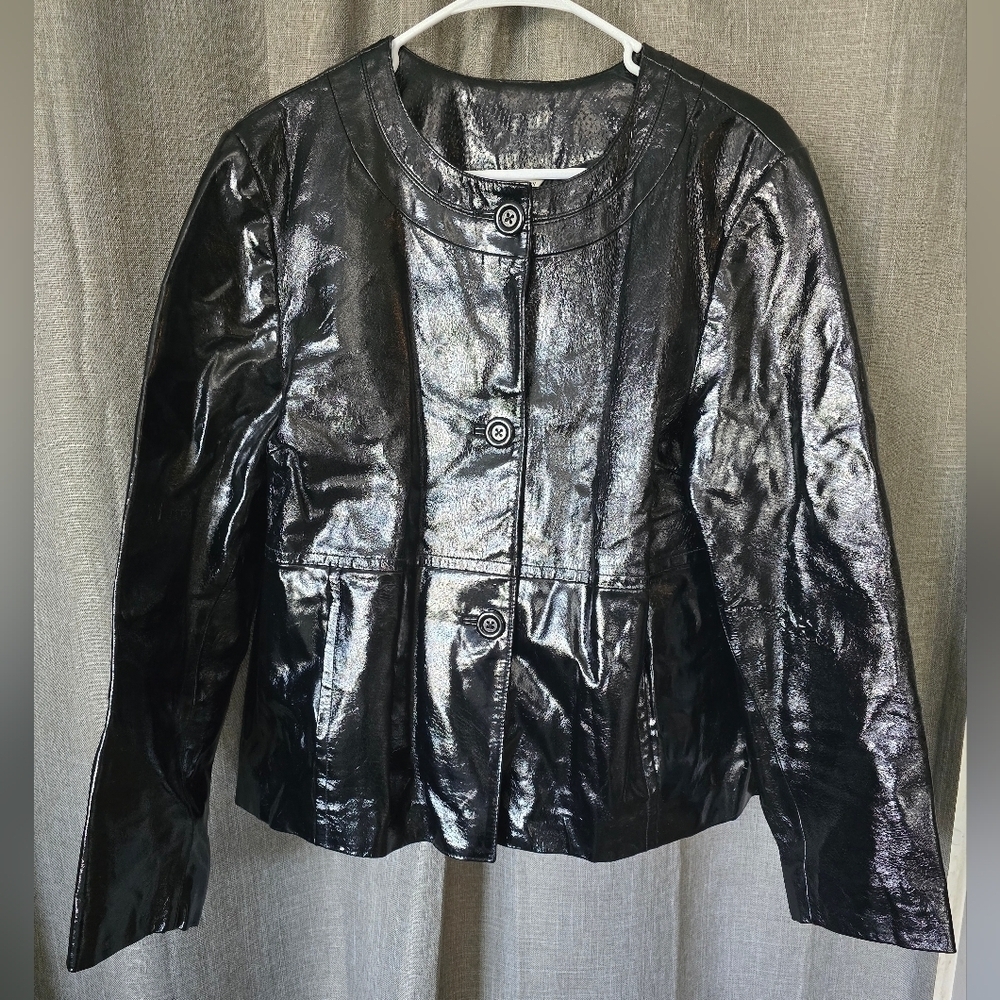 Vintage LAURA ASHLEY Black Patent Leather Shiny Mobwife Rocker Grunge Jacket XL